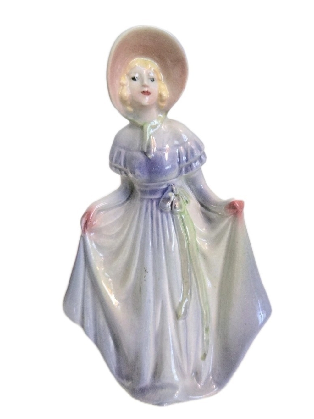 Vtg Porcelain Lady Figurine Purple Long Dress Bonnet Curtsey England